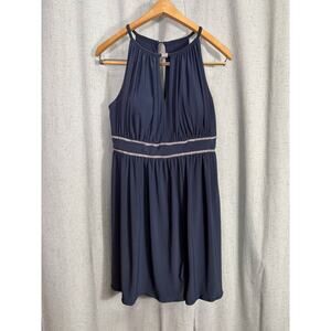 Oleg Cassini Navy Short Prom Dress, Rhinestone Empire Waist, Halter Top